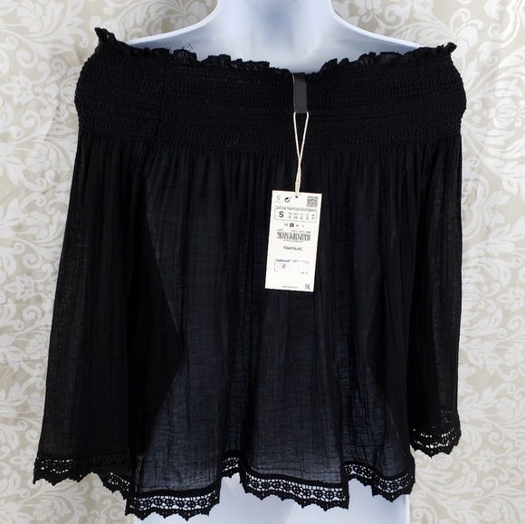 Zara Gauze Off The Shoulder Black Top Size Small - Picture 7 of 8